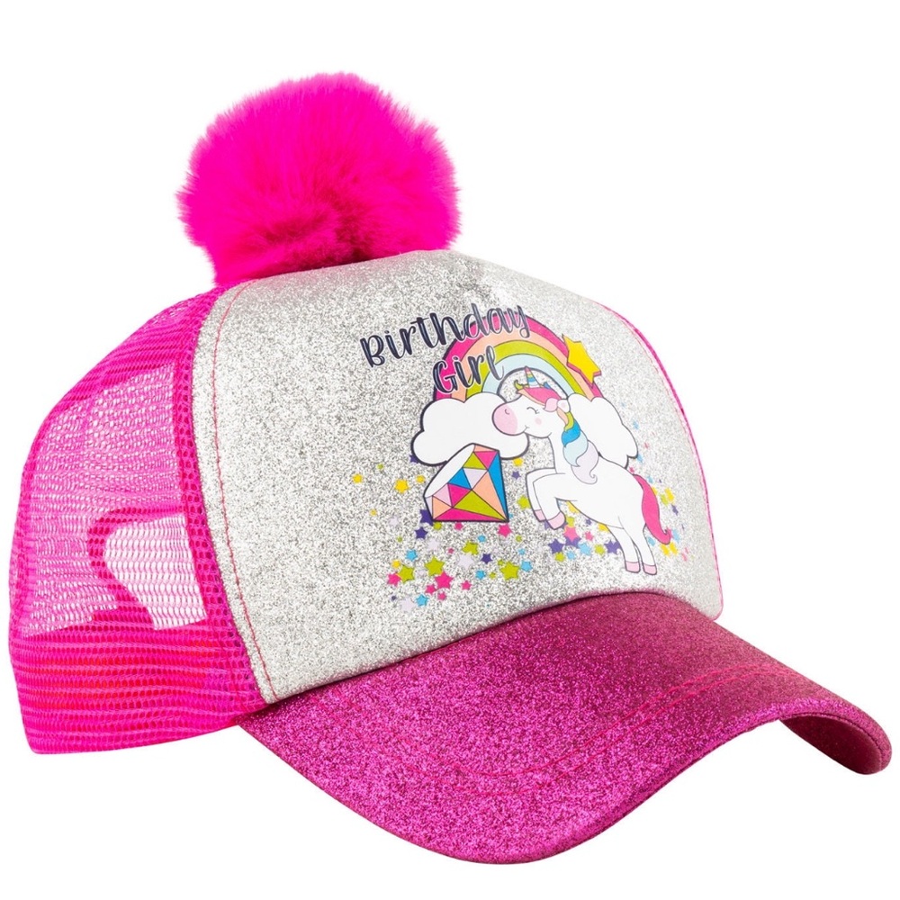 Simply Sweet Unicorn Birthday Trucker Hat Pink and Sparkly Silver Glitter